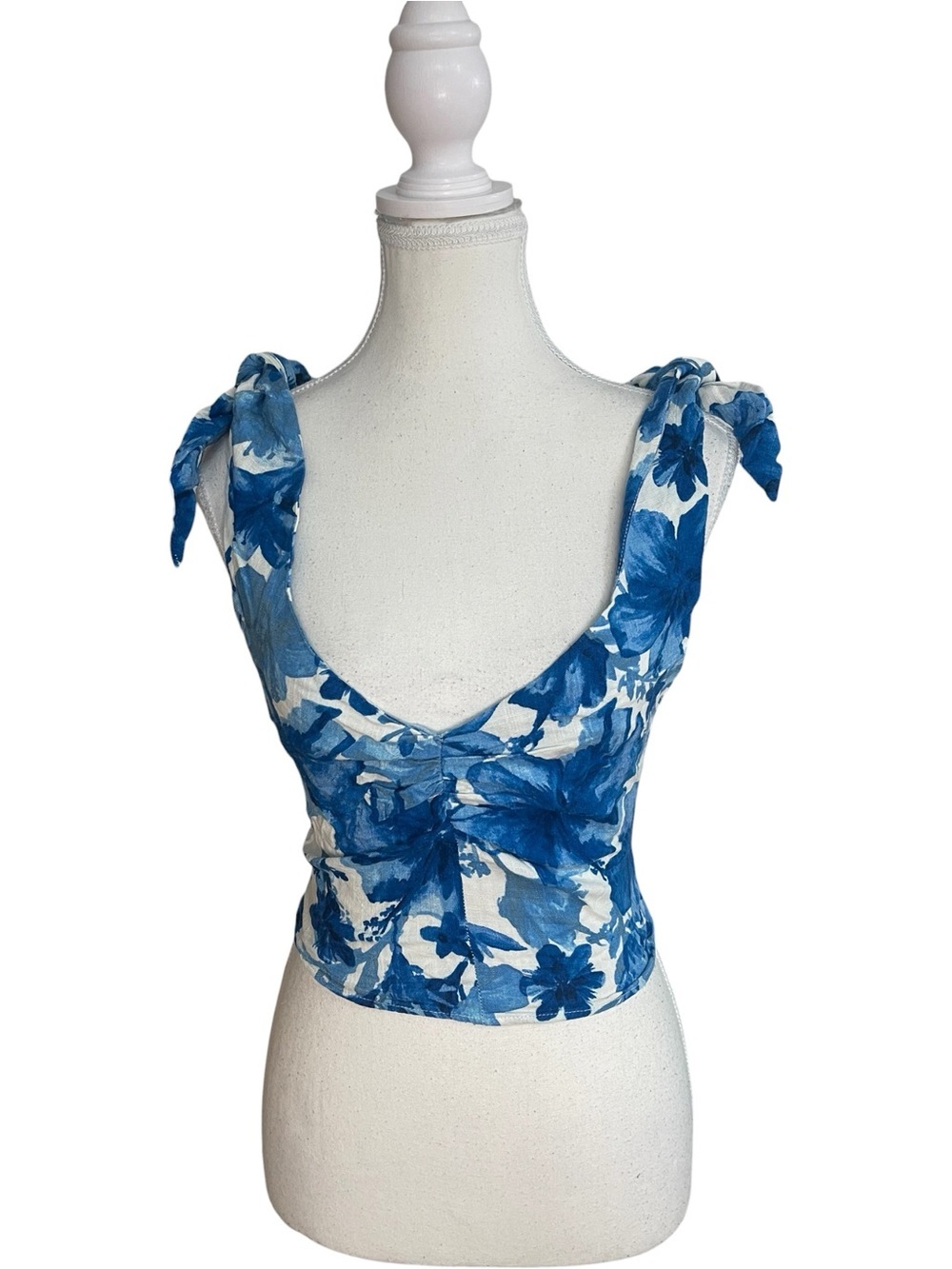 Zara Floral Linen Tie Shoulder Crop Top Blue White